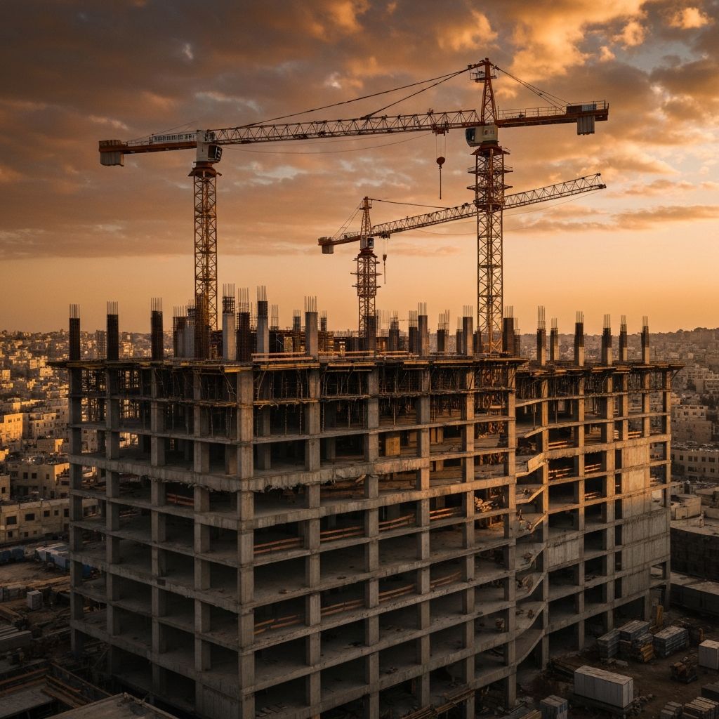Al-Manara Construction project site with cranes and modern building under construction